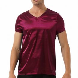 men's Satin Sleepwear Crop Tops T Shirt Nightgown Solid Color Sleep Shirt Nightdr Sleepwear Male Pajamas Loungewear Tops e2Za#