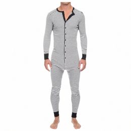 men Casual Striped Lg Pyjamas Punk Style Pockets Pants Slim Lg Sleeve Rompers Men Jumpsuit Pyjamas Homewear 54bP#