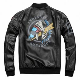 fast Ship Men's Black Genuine Leather Jacket 3D Pattern A1 Pilot Sheepskin Vintage Coat Bottom Pleated Jacket T9vx#