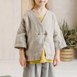 Jackets 2024 Spring Cotton And Linen Cross Placket Coat For Girls Japanese Literary Chic Loose Cardigans Children's