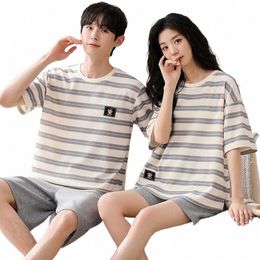 newest Summer Pyjamas Set Lovers 100%Cott Short Sleeve Sleepwear Women Men Striped Pijamas I9Nh#