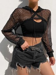 Women's Tanks Camis HEYounGIRL Summer Mesh Sexy T-shirt Womens Hollow Smoky Crop Top Long sleeved Hoodie T-shirt 24326