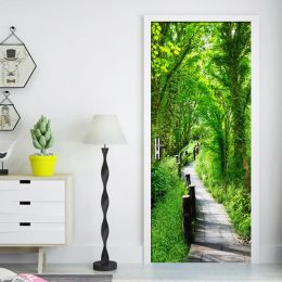 Stickers 3D Green Forest Path Mural Art Wall Painting Living Room Bedroom Restaurant Door Sticker PVC Self Adhesive Waterproof Wallpaper