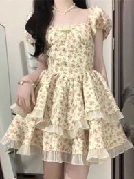 Tea Break French Style Dress Womens Summer Floral High-end Feeling Waist Up Back Hollowed Out Runaway Princess Fluffy Cake Skirt