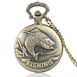 Classic Vintage Bronze Fishing Quartz Pocket Watch Retro Men Women Necklace Pendant Jewellery Gifts fashion pocket246R