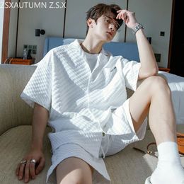 White Black Shirts Shorts Set Summer Tracksuit Male Clothing Korean Fashion Streetwear Shopping Party Brand Trend Mens Suit 240312