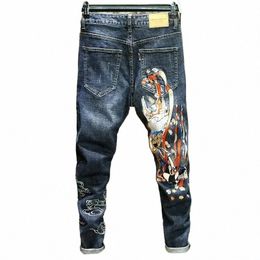 trousers Tight Pipe Stretch Men's Jeans Elastic Man Cowboy Pants Skinny Embroidery Graphic Slim Fit Korean Fi Y2k Vintage W1Ca#