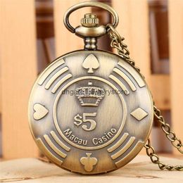 Retro Macau Casino Chip Money Poker Design Quartz Pocket Watch Copper Nostalgia Fob Necklace Chain Souvenir Gifts for Men Women