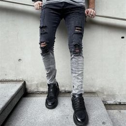 Men Stylish Ripped Gradient Skinny Pencil Jeans Pants Male Holes Stretch Casual Denim Trousers 240322