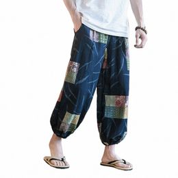 casual Man Summer Beach Cott Linen Pants Ethnic Printing Loose Fitting Wide-Leg Pants Bloomers Trousers For Men Clothing l5Ud#