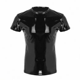 iiniim Mens Wetlook Tops Punk Fi Clothing Faux Leather Male T-Shirt Night Parties Clubwear Costume Muscle Tight T-shirt Q1oA#