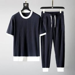 2024 Summer T-Shirt Pants Ice Silk Suit Two Pieces Set Thin Casual Sports Suit Male Fashion Sweatpants Set Plus Size 240325