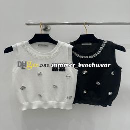 Women Summer Knit Vest Neckline Rhinestones Decorated Knitted Tank Tops Tanks Tees Fashion Sequins Embellish Knitted Tees