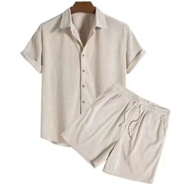 Men Corduroy Two Piece Sets Solid Colour Short Sleeve Lapel Button Shirts Shorts Fashion Streetwear Mens Casual Suits S-3XL 240311