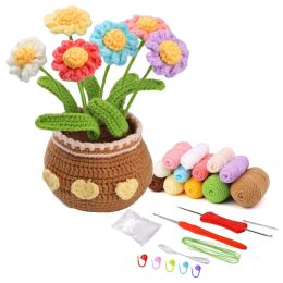 Knitting Kit Multicolor Daisy Flower Potted Crochet Knitting Kit DIY Wool Yarn Daisy Crochet Material Kit For Women Handmade Kids Gift