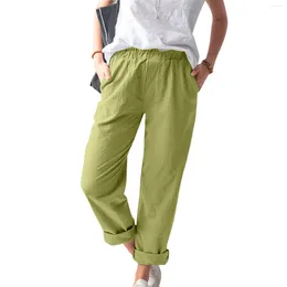 Women's Pants Cotton Linen Women Classic Solid Color Straight Elastic Waist Double Pocket Trousers Spring Summer Casual Daily Wear