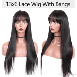 134 Pre Plucked Remy hair With Bang 150 Density Lace Front Human Hair Wigs For Women Black Brazilian Silk Straight Ever5051370