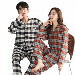 autumn Winter Comfortable 100% Cott Pyjamas Set for Couples Double Layer Gauze Plaid Couple Sleepwear Soft Loose pijama hombre K7lF#