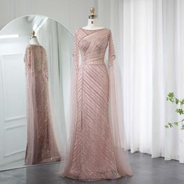 Pink Arabic Sharon Evening Said Long Dubai Cape Sleeves Sage Green Beige Plus Size Women Wedding Formal Dress Ss087