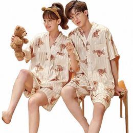 silk Home Sets Cat Loose Men Pijama Women Suit Couple Sleepwear Pyjama Korean Pyjama Anime Adult V-neck Clothes 55gn#