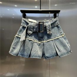 Skirts 2024 Spring Summer Denim Pleated Skirt Women High Waist Slim A-Line Mini Q614