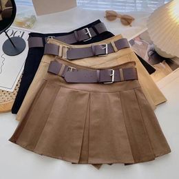 Skirts Solid Belt Mini Skirt Women Streetwear High Waist Black Pleated Preppy Korean Fashion Casual All Match A Line