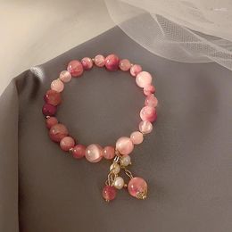 Link Bracelets Cute Pink Red Crystal Ball Bracelet Hand Chain Colored Elastic Retro Chinese Jade Women Bangles Birthday Gift