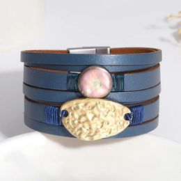Charm Bracelets ALLYES Multilayer PU Leather Bracelet For Women Jewellery Irregular Natural Pearl Geometric Metal Wrap Bangles