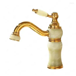 Bathroom Sink Faucets European-Style Gold Copper Natural Jade Faucet Drop-in Marble Basin Household