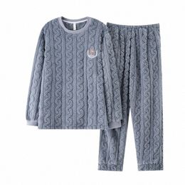 men's Autumn Winter Pyjamas Outfit Youth Plush Thickened Warm Coral Fleece Sleepwear Teen Casual Flannel Loungewear Set Pijama E8lO#