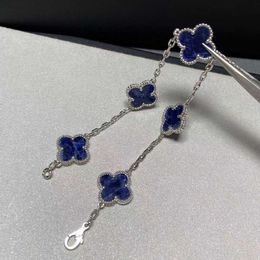 Brand charm Natural Blue Peter Stone Four Leaf Grass Bracelet Silver Versatile High Version Thick Electroplated Van Senior Live Girl