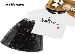 Children Summer Clothes Heart Pattern Girls Outfits Tshirt Mesh Skirt Kids Casual Style Tracksuits For 2108046391188