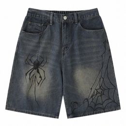 vintage Denim Shorts Mens Harajuku Spider Pattern Printed Jeans Oversized Streetwear Punk Sports Casual Loose Cowboy Shorts Male R3Ad#