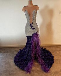Sparkly Purple Velvet Long Evening Ceremony Dresses for Black Girl 2024 Luxury Diamond Crystal Feather Prom Gala Dress