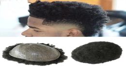 Thin Skin 6MM Man Afro Curly Hair Unit Black Mens Kinky Curl Male Toupee Human Hairs Wigs Kinky Curlys PU Full Machine Made6688444