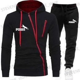 Men's Tracksuits European and American mens sports hoodie set polyester flce diagonal zipper jacket pants casual slim fitting two-piece set T240326