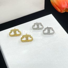 Luxury Shiny Rhinestone Earrings Double Letter Studs Stylish Gold Fill Earrings B Letter Simple Earrings With Box