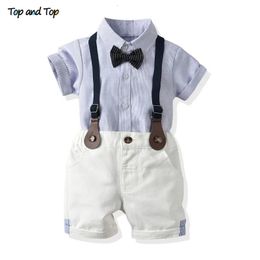 Top and Top Toddler Baby Boy Clothing Set Gentleman Short Sleeve ShirtSuspender Shorts 2PCS Outfits born Boy Clothes Set 240323