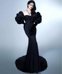 Classy Long Black Sweetheart Neck Velvet Celebrity Dresses With Sleeves Mermaid Satin Crepe Sweep Train Zipper Back Prom Dresses for Women