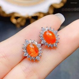 Stud Earrings Genuine 925 Sterling Silver Oval Orange Fire Opal For Women Fine Jewellery Birthstone Earring Gift
