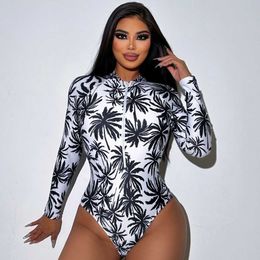 One piece swimsuit womens surfing suit conservative sports long sleeved printed zippered swimsuit