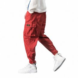 2022 Men Multi-pocket Elastic Waist Design Harem Pant Street Punk Hip Hop Red Casual Trousers Joggers Male Army Cargo Pants 5XL s5th#