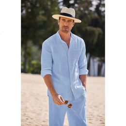 Sky Blue White Black Sports Suit Mens Beach Casual Linen Loose Longsleeved Shirt Trousers Workwear Twopiece Male Outfit Set 240318