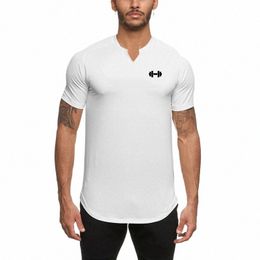 compri V-neck Short Sleeve T Shirt Mens Summer Slim Fit Gym Clothing Fitn Bodybuilding Tight Sports Workout T-shirt L9gW#
