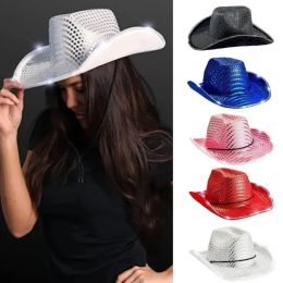 50pcs Cowgirl LED Hat Flashing Light Up Sequin Cowboy Hats Luminous Caps Halloween Costume FY7970 G0326