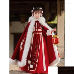 Ethnic Clothing Girls Hanfu Chinese Years Childrens Warm Tang Suit Kids Winter Plus Veet Embroidery Party Dress With Cloak Drop Delive Otr5R