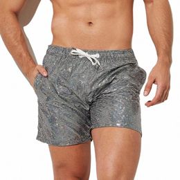 men Gym Shorts Drawstring Elastic Waist Sequin Solid Colour Soft Breathable Quick Dry Fitn Jogging Exercise Beach Sportswear v4Mm#