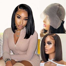 Ami 12 Inch 13X6 Human Hair Frontal Glueless 150% Density Straight Short Wigs for Black Women Deep Side Part Bob Transparent Lace Wig