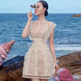 Casual Dresses Elegant Female Embroidery Lace Slash Neck Apricot Vintage Bodycon High Waisted Clothing Vacation