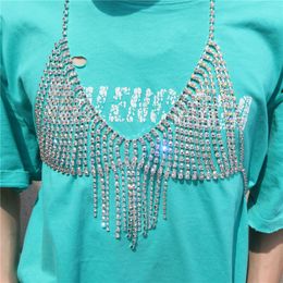 Stage Wear Dance Accessories Rhinestone Tassel Breast Chain Female Burst Flash Mesh Body Chain